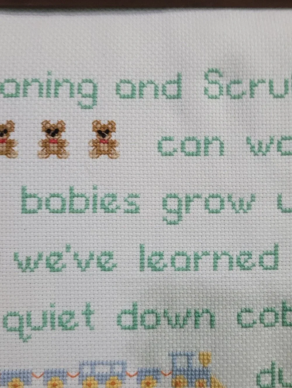 Vintage Framed Handmade Cross-Stitch Baby Lyrics Wall Art in Green and Pink